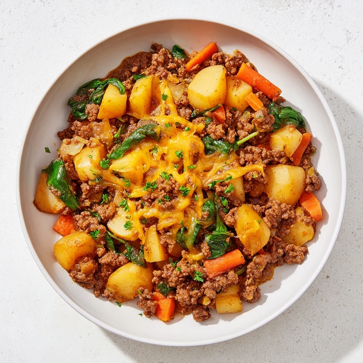 Golden brown ground beef and tender diced potatoes simmer together in a skillet, creating a hearty High Protein Ground Beef and Potatoes meal for four.