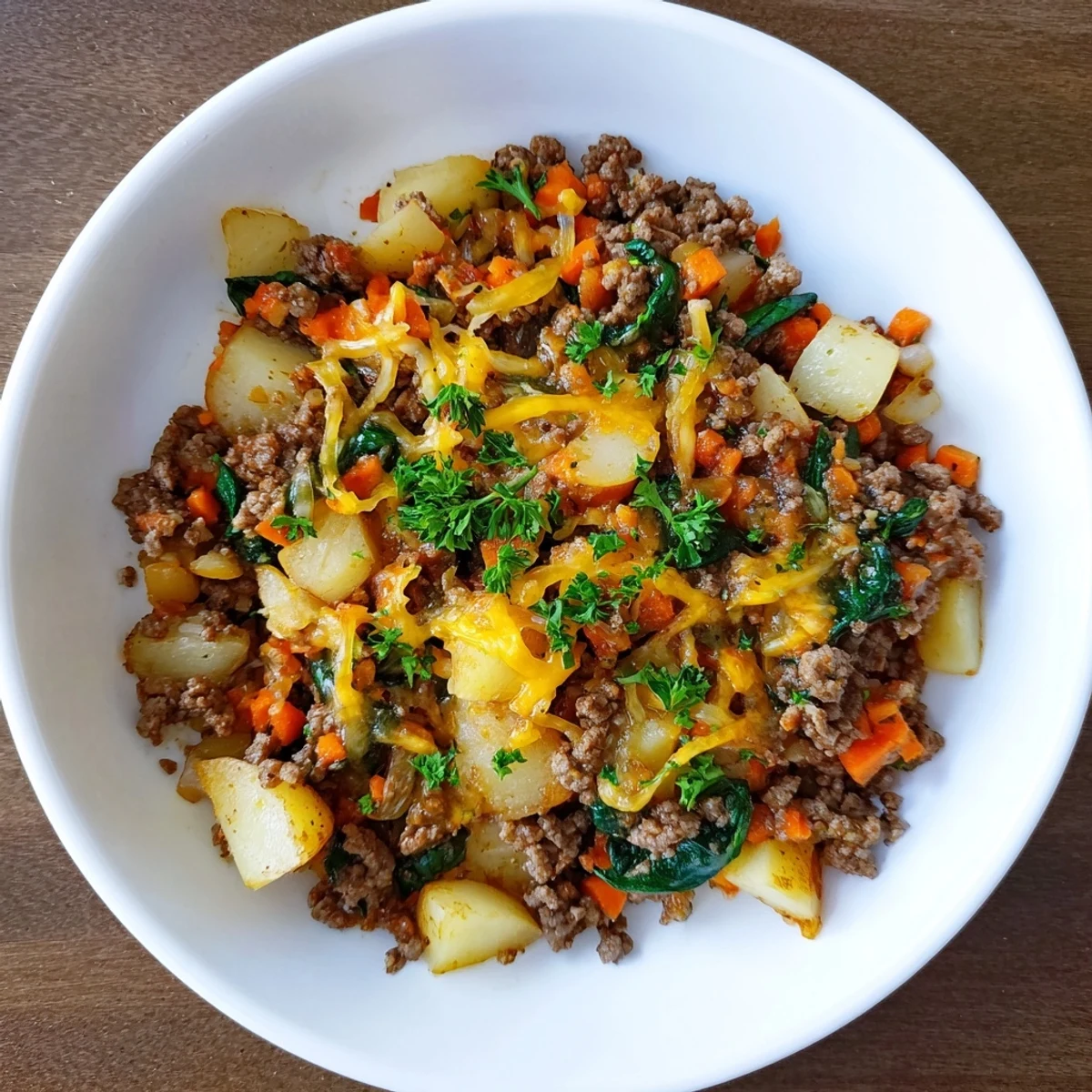 Hearty High Protein Ground Beef and Potatoes served steaming hot in a skillet, with a colorful side salad for a balanced dinner.
