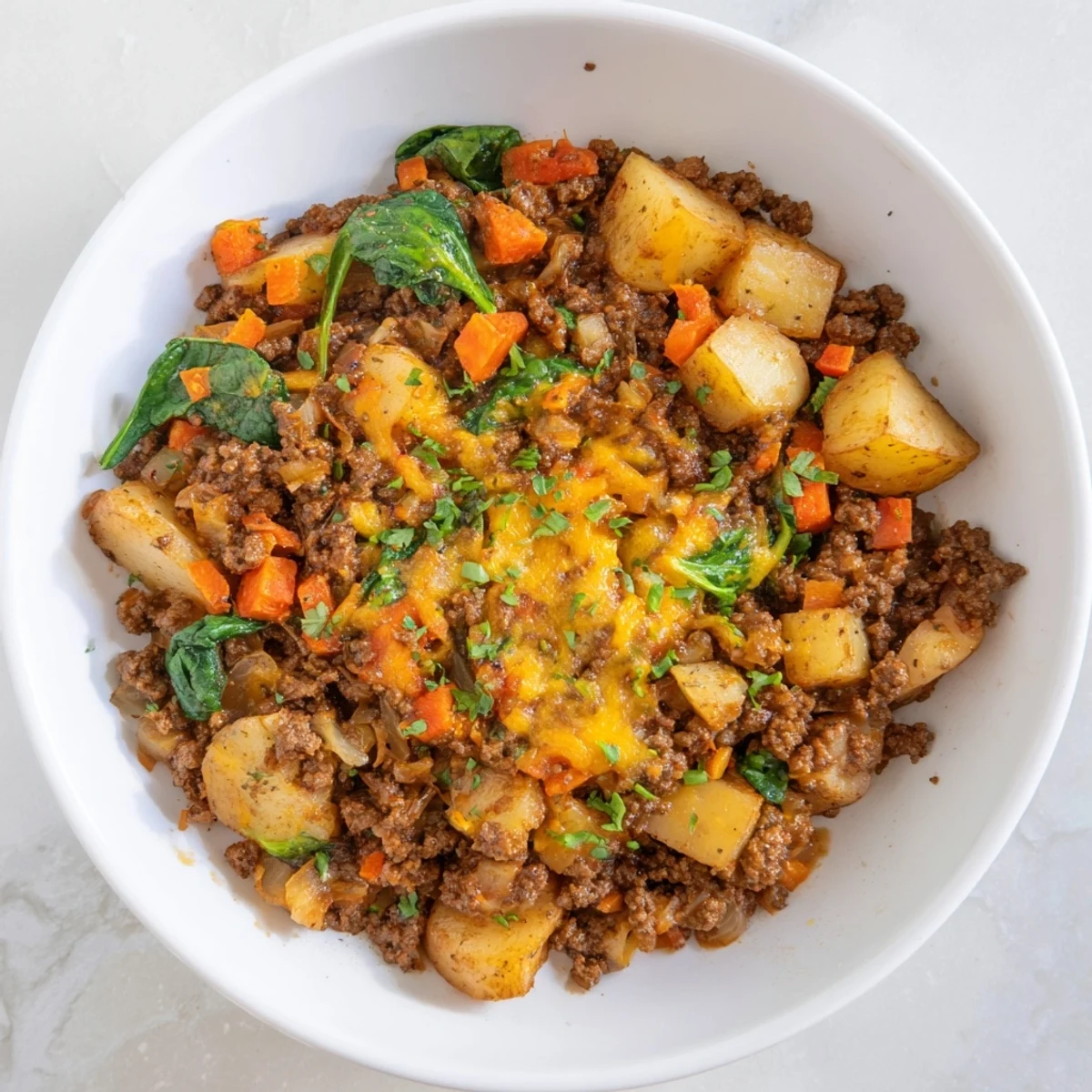A close-up of savory High Protein Ground Beef and Potatoes in a pan, topped with melted cheddar cheese and fresh green parsley.