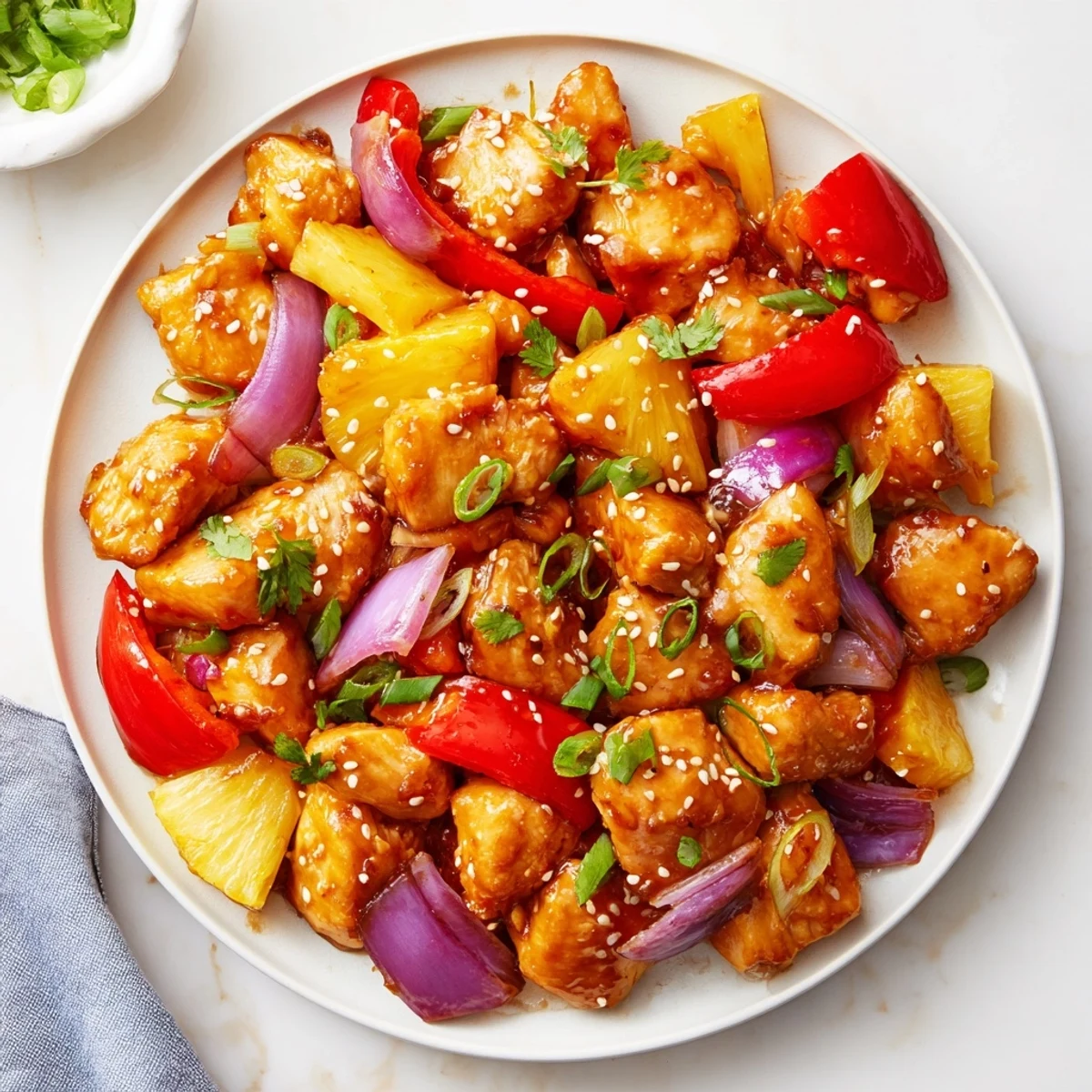 Golden-brown chicken breasts and vibrant pineapple chunks glisten on a sheet pan, surrounded by tender roasted peppers and onions in the Marry Me Sheet Pan Hawaiian Chicken.