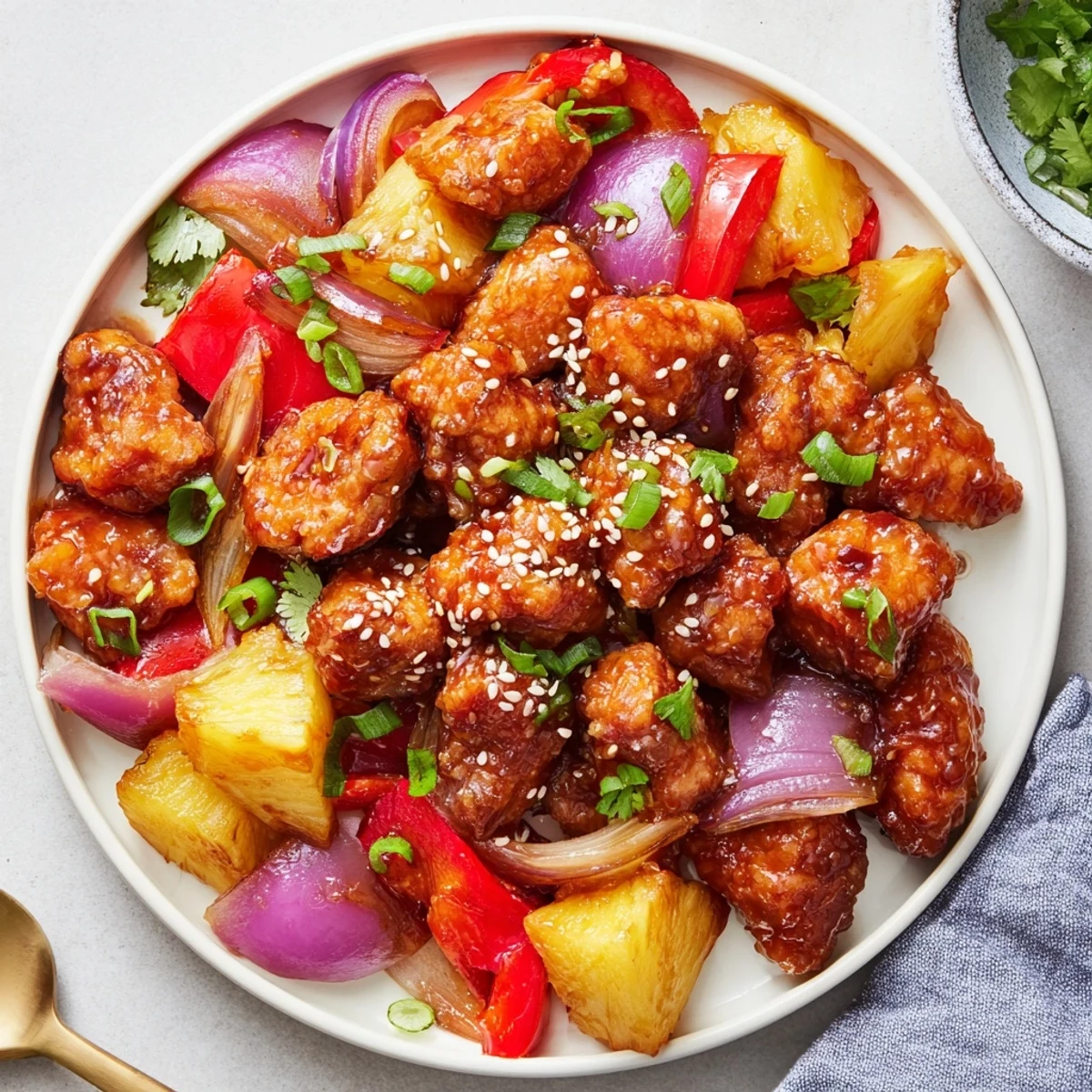 A close-up shows saucy, caramelized Marry Me Sheet Pan Hawaiian Chicken served with fresh cilantro and sesame seeds, perfect over steamed rice for a family dinner.