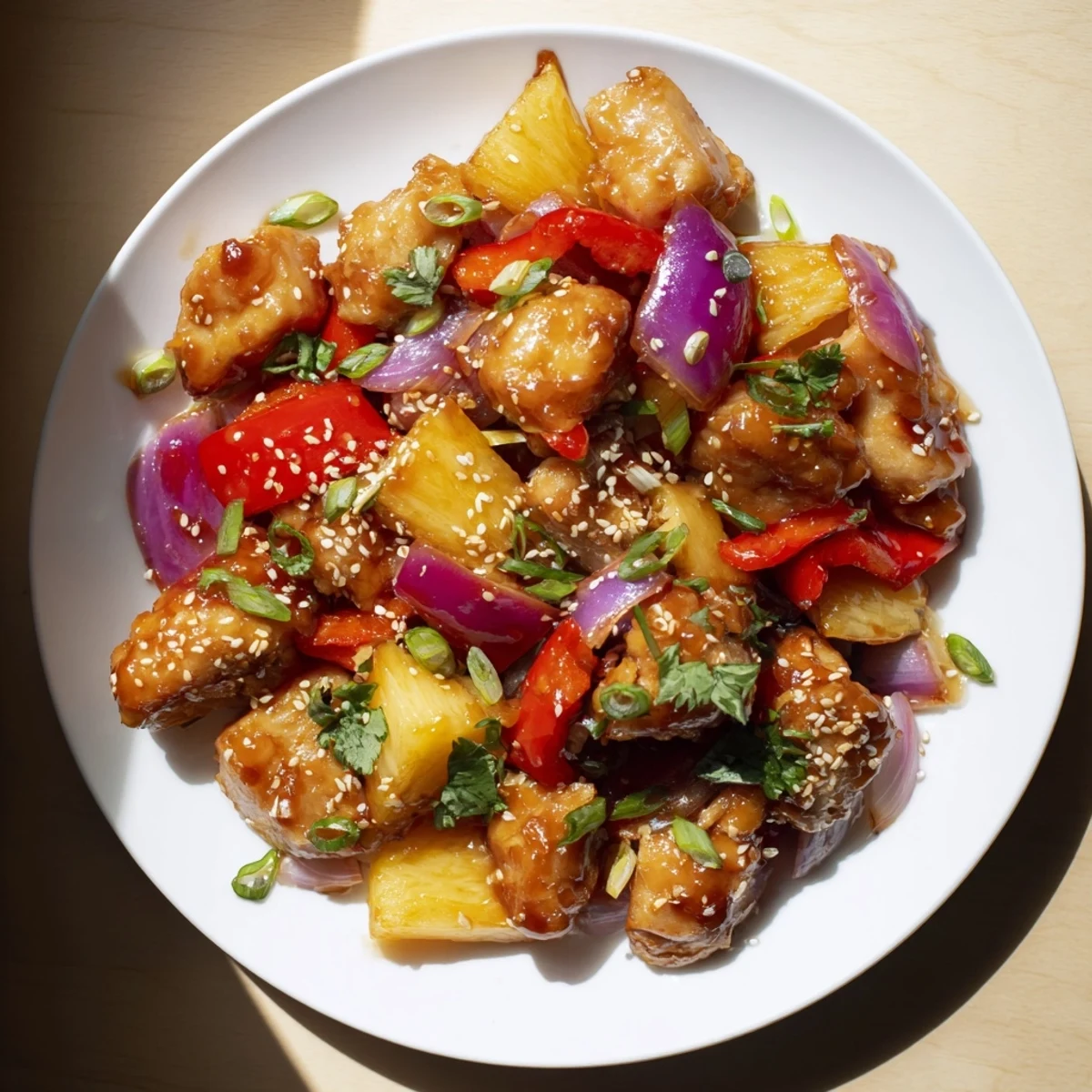 The easy one-pan Marry Me Sheet Pan Hawaiian Chicken features juicy chicken, sweet pineapple, and colorful bell peppers with a glossy, tangy glaze ready to serve.