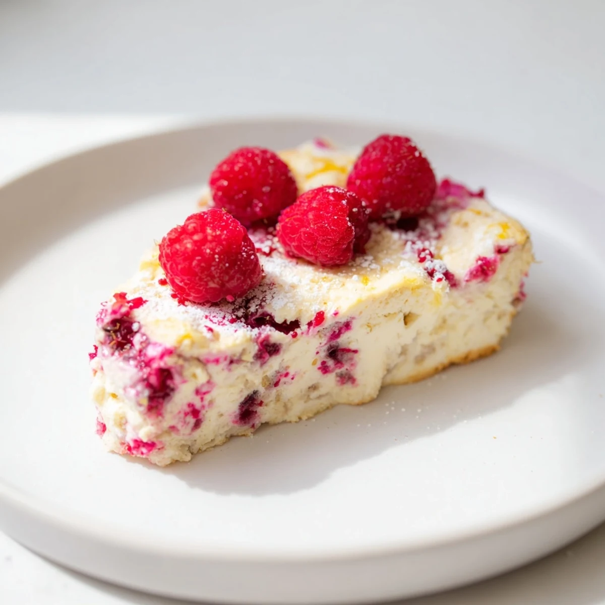 Freshly baked Lemon Raspberry Cottage Cheese Bake cooling on a wire rack with vibrant red raspberries scattered on top.
