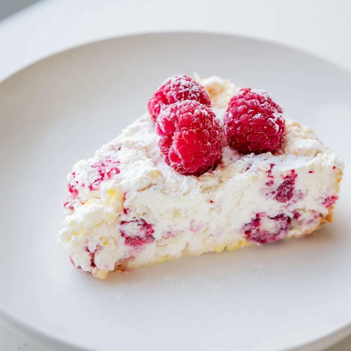 A slice of Lemon Raspberry Cottage Cheese Bake served on a white plate with a dollop of whipped cream.