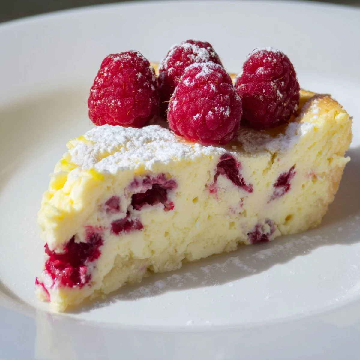 Close-up of the textured Lemon Raspberry Cottage Cheese Bake showing creamy interior and fresh raspberries baked within.