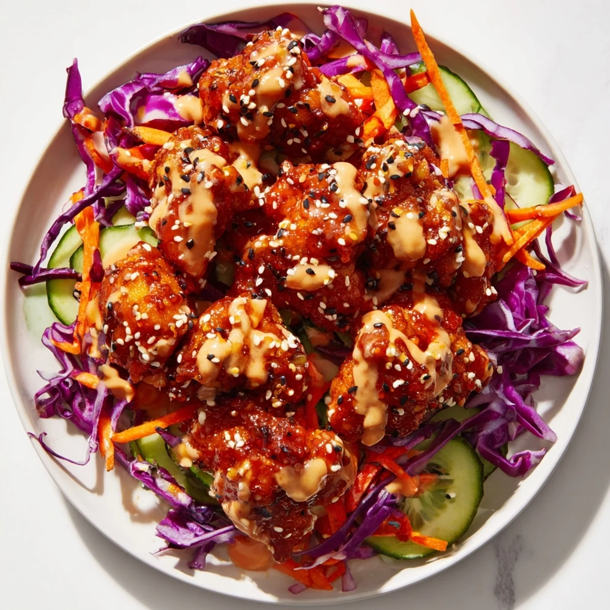 The Marry Me Sweet Chili Chicken Bowl is garnished with crunchy cabbage, carrots, and fresh cilantro for a vibrant meal.  