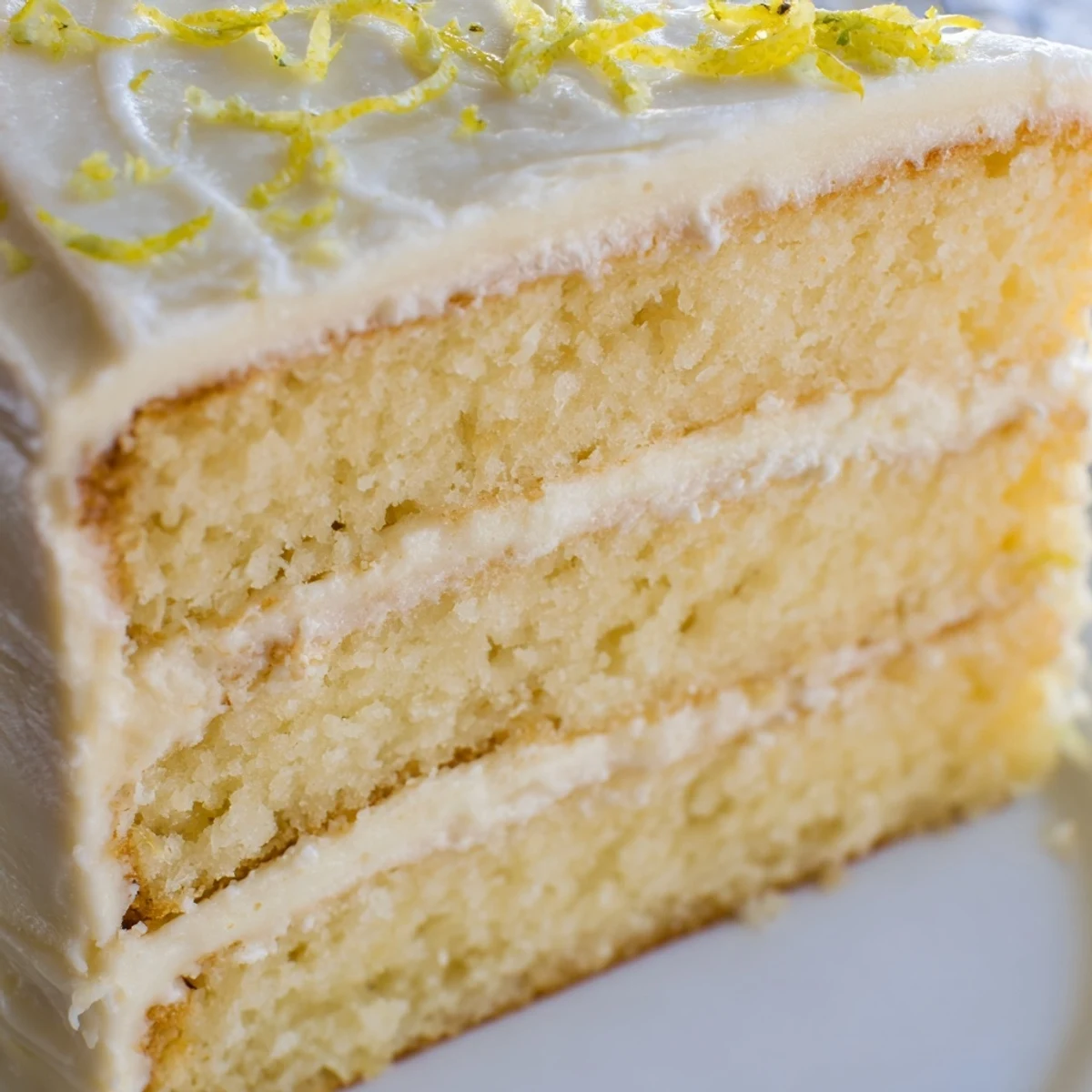 Close-up of a Limoncello Mascarpone Cake decorated with edible flowers and lemon slices, ready to serve at a sunny U.S. gathering.