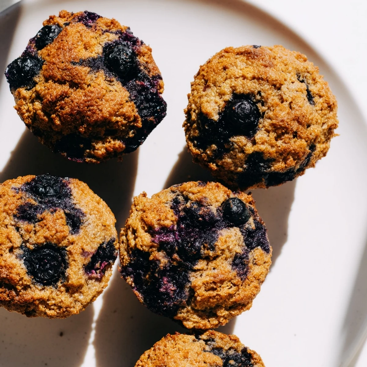 A close-up view of moist Blueberry Protein Muffins with Greek Yogurt, featuring a tender crumb and plump berries.