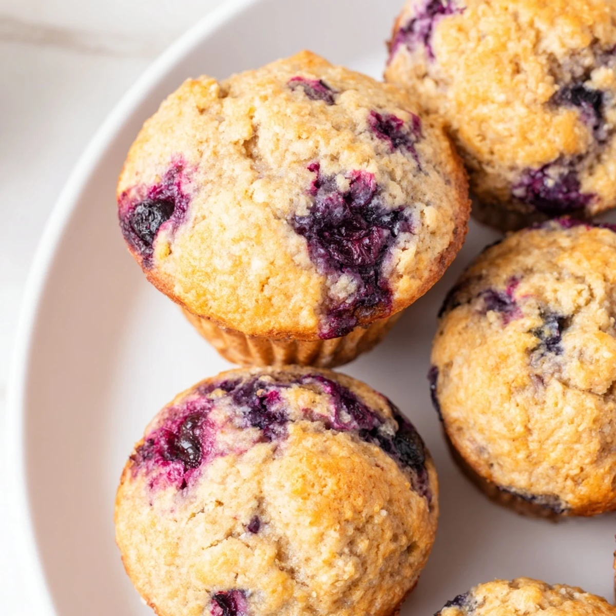 Stack of warm Blueberry Protein Muffins with Greek Yogurt, perfect for a high-protein breakfast or healthy snack.