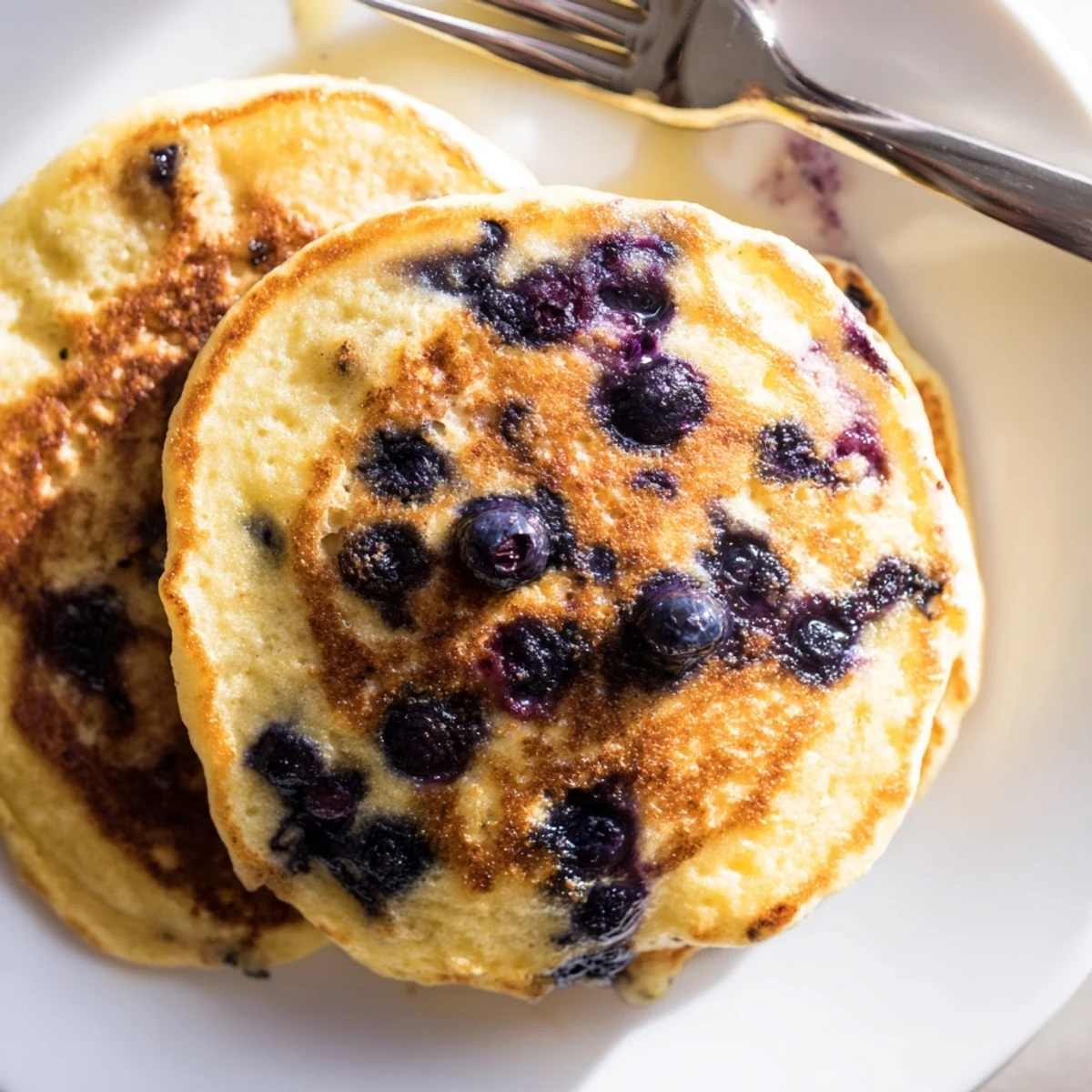 A stack of fluffy Greek Yogurt Blueberry Pancakes topped with fresh blueberries and a drizzle of warm maple syrup.