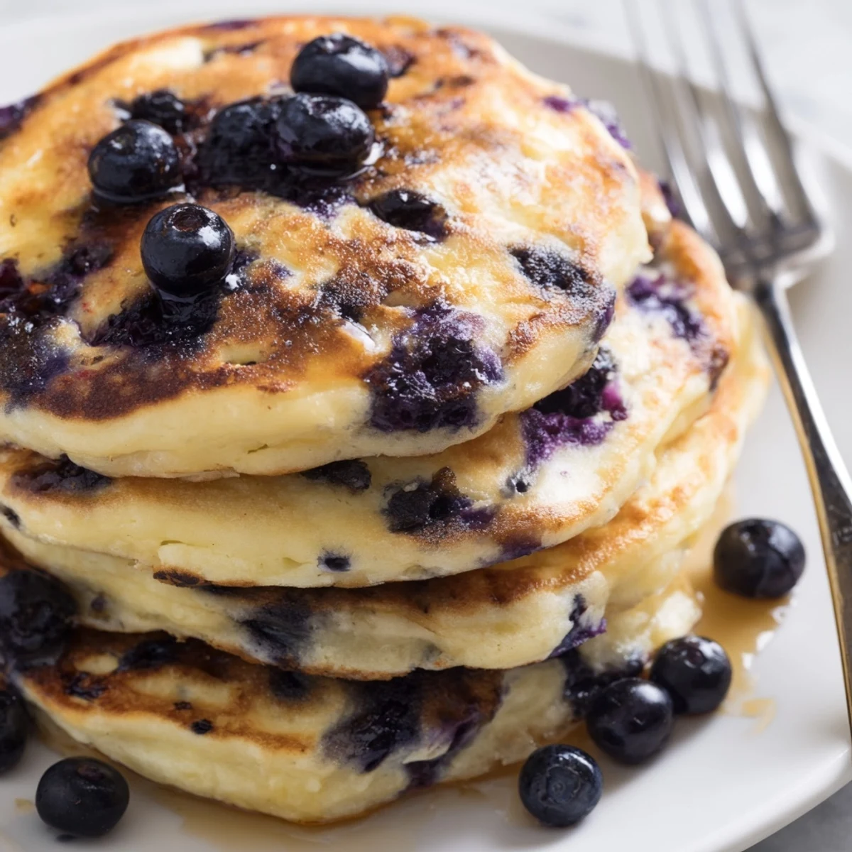 Golden Greek Yogurt Blueberry Pancakes sizzling on a griddle, dotted with plump blueberries and ready to flip.