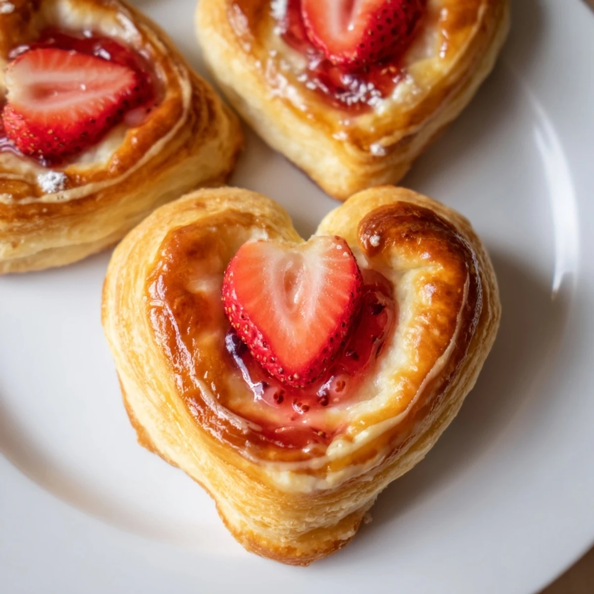 Golden Strawberry Cream Cheese Heart Danishes glistening on a white plate with a drizzled vanilla glaze.
