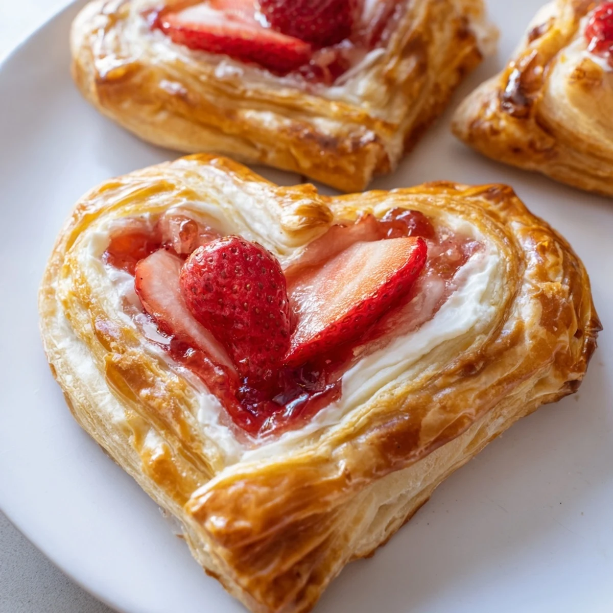 Freshly baked Strawberry Cream Cheese Heart Danishes on a rustic wooden board, flaky crust visible.