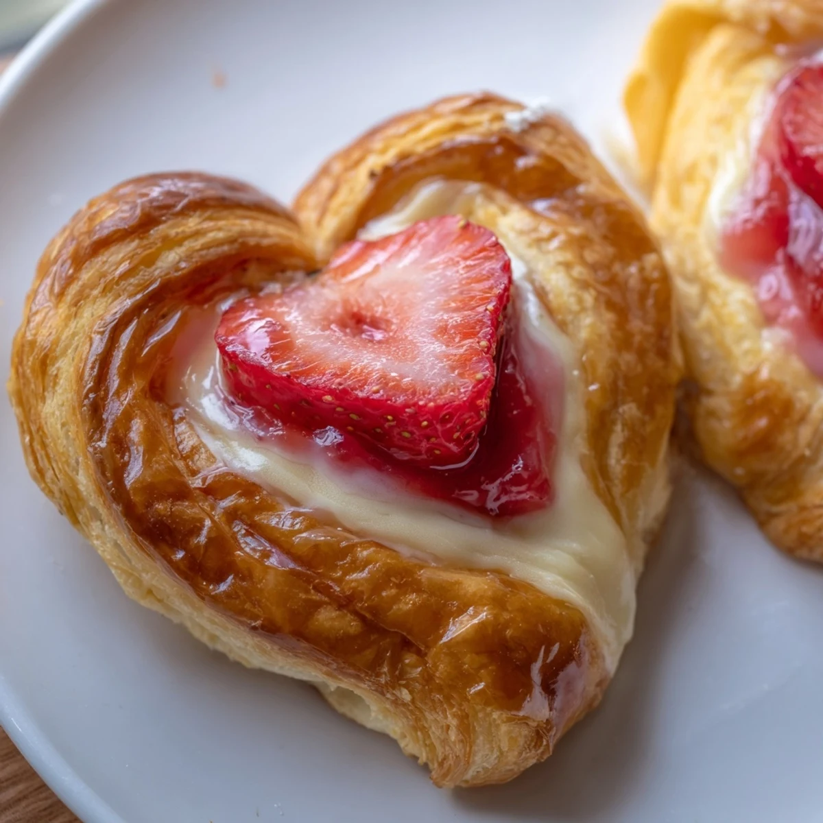 A close-up view of Strawberry Cream Cheese Heart Danishes with vibrant red strawberry slices and filling.