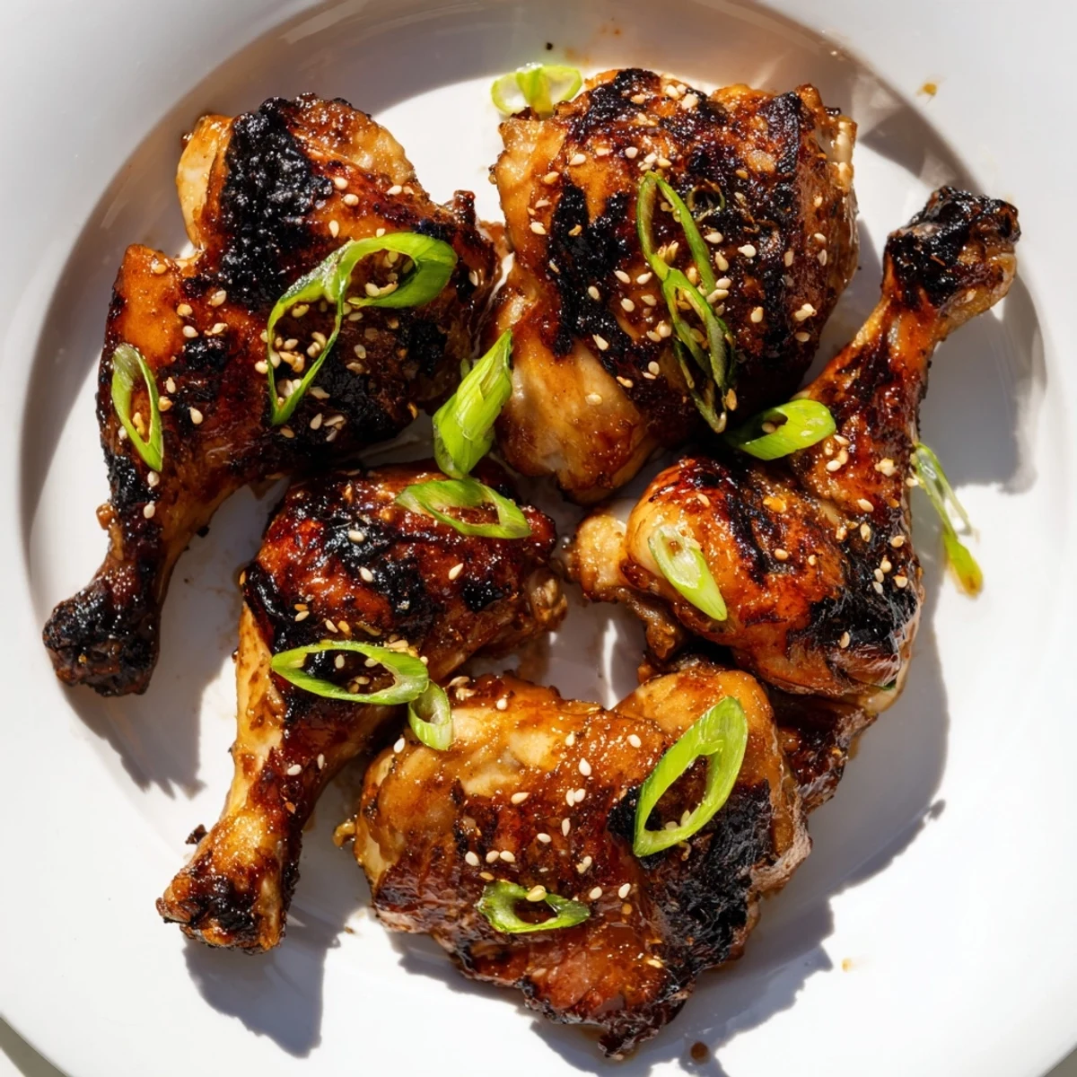 Tender Huli Huli Chicken drumsticks garnished with green onions and toasted sesame seeds.