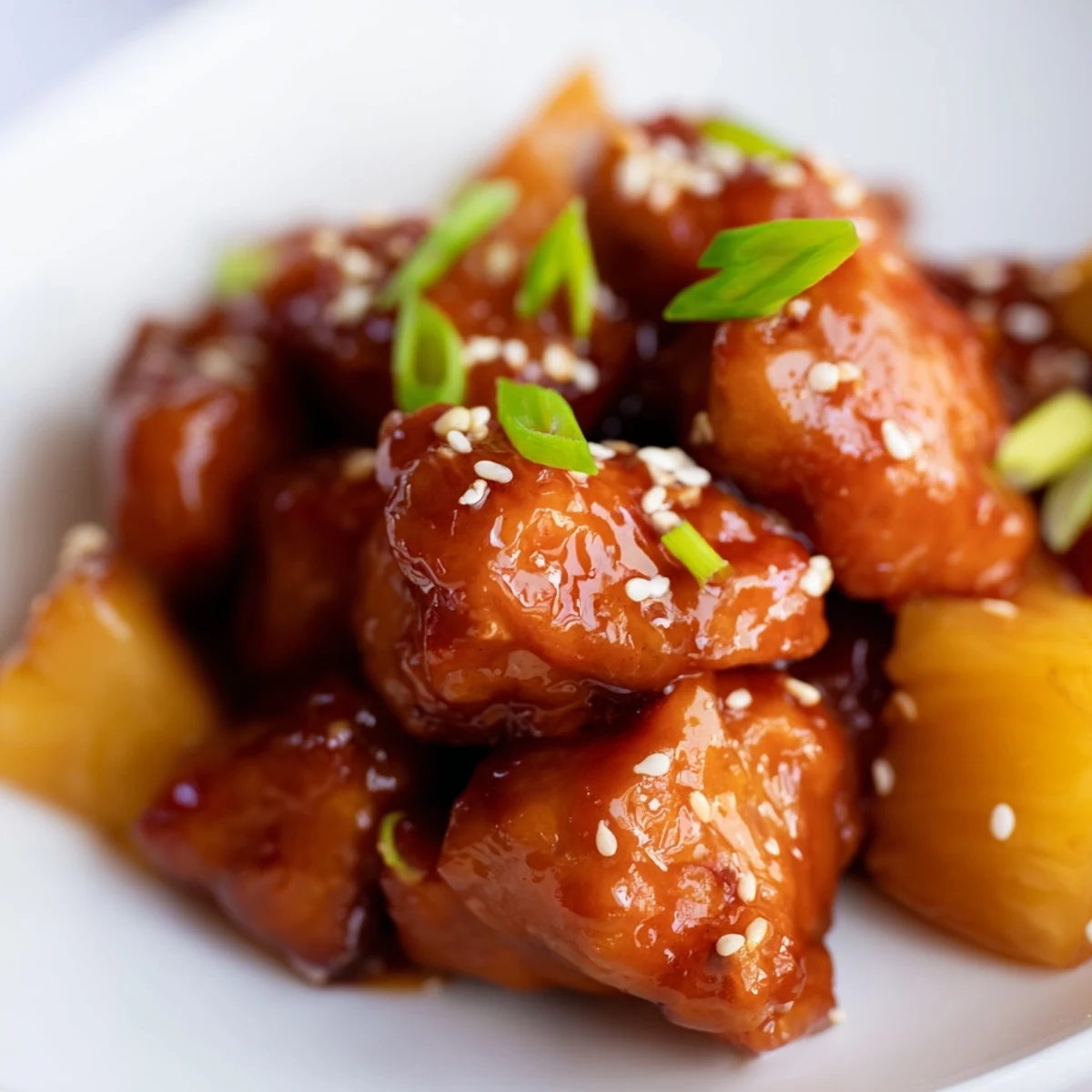 Golden glazed Honey Garlic Pineapple Chicken simmering in a sticky sauce with bell peppers and onions in a skillet.