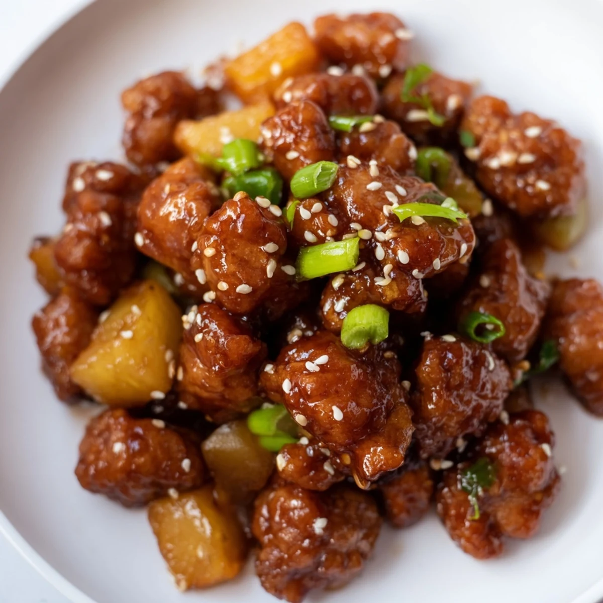 A close-up of tender Honey Garlic Pineapple Chicken garnished with green onions and sesame seeds beside fluffy white rice.