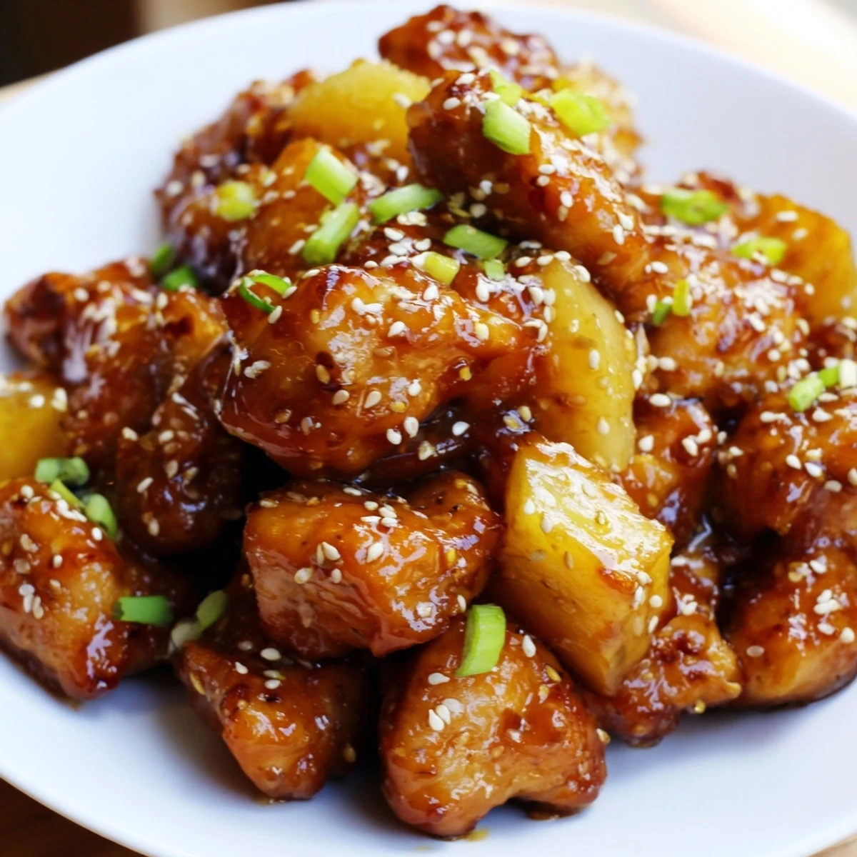 Sizzling Honey Garlic Pineapple Chicken with juicy pineapple chunks and diced red bell peppers served over steamed rice.