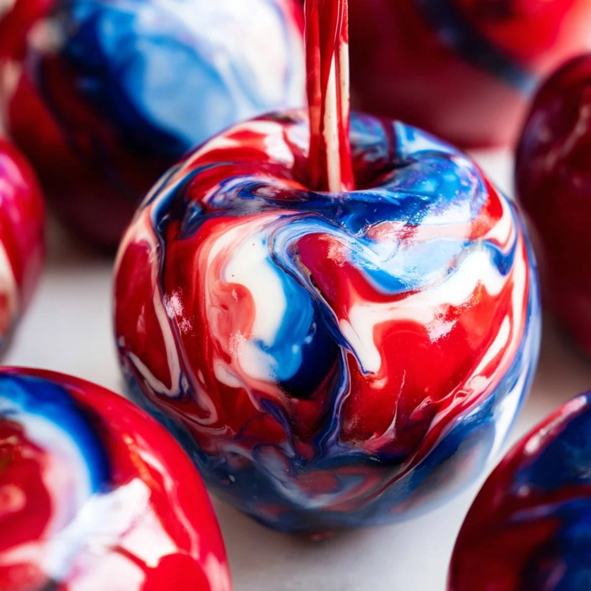 Eight shiny marbled effect candy apples sit on a parchment-lined tray with swirled red, blue, and white glossy shells.