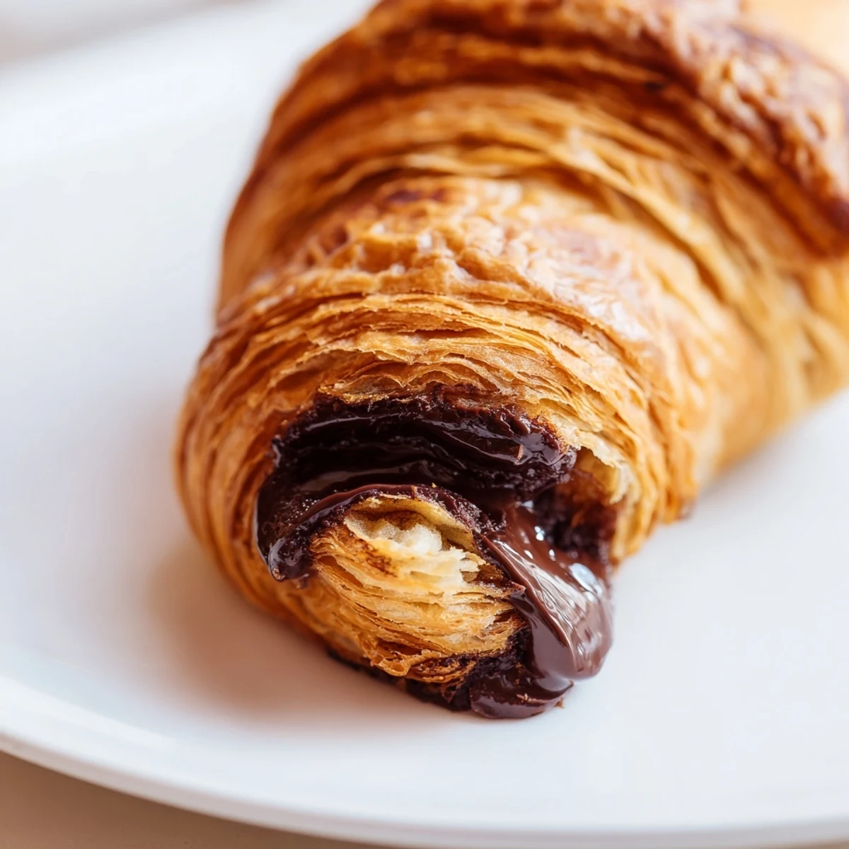 Golden-brown Homemade Chocolate Croissants rest on a cooling rack, with flaky layers and melted dark chocolate peeking out.