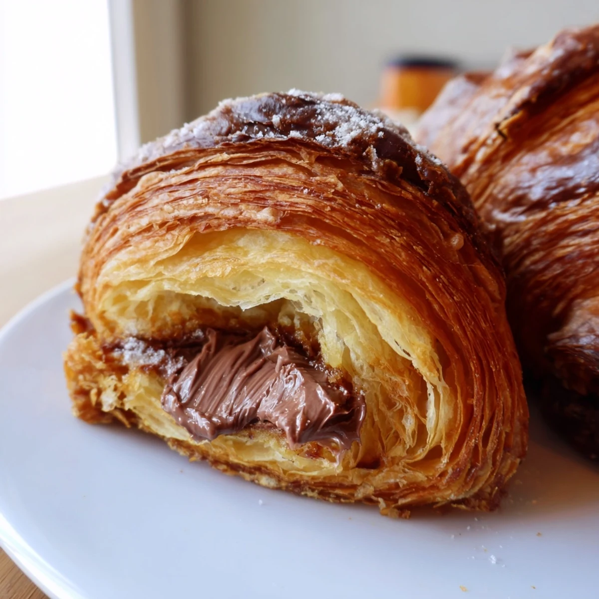 Freshly baked Homemade Chocolate Croissants are arranged on a rustic wooden board beside a steaming cup of coffee.
