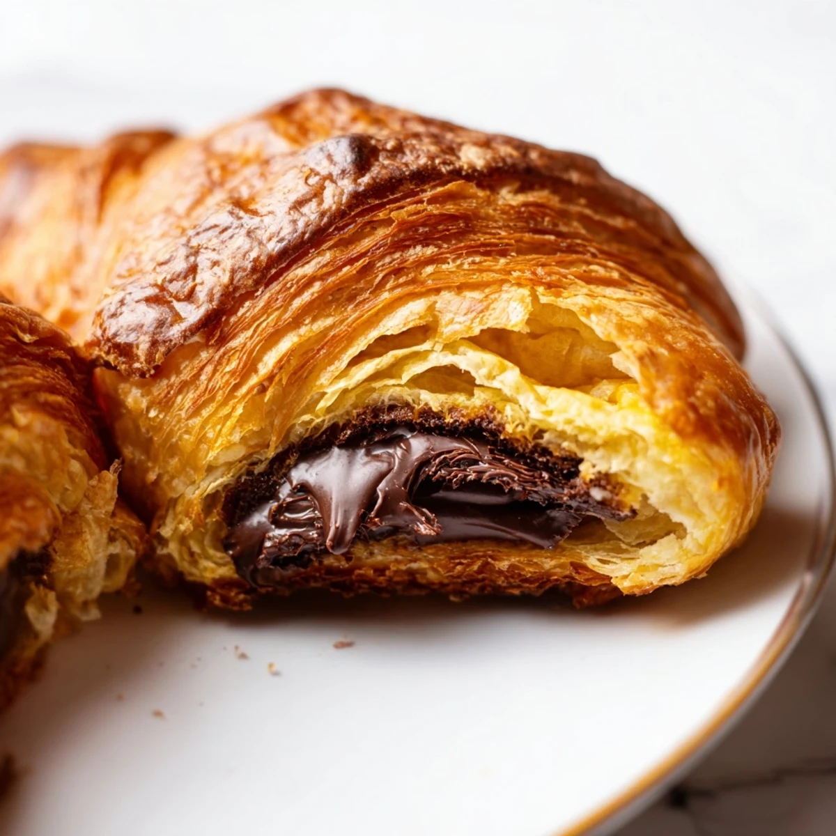 Homemade Chocolate Croissants with a glossy egg wash finish and powdered sugar dusting sit on a marble countertop.