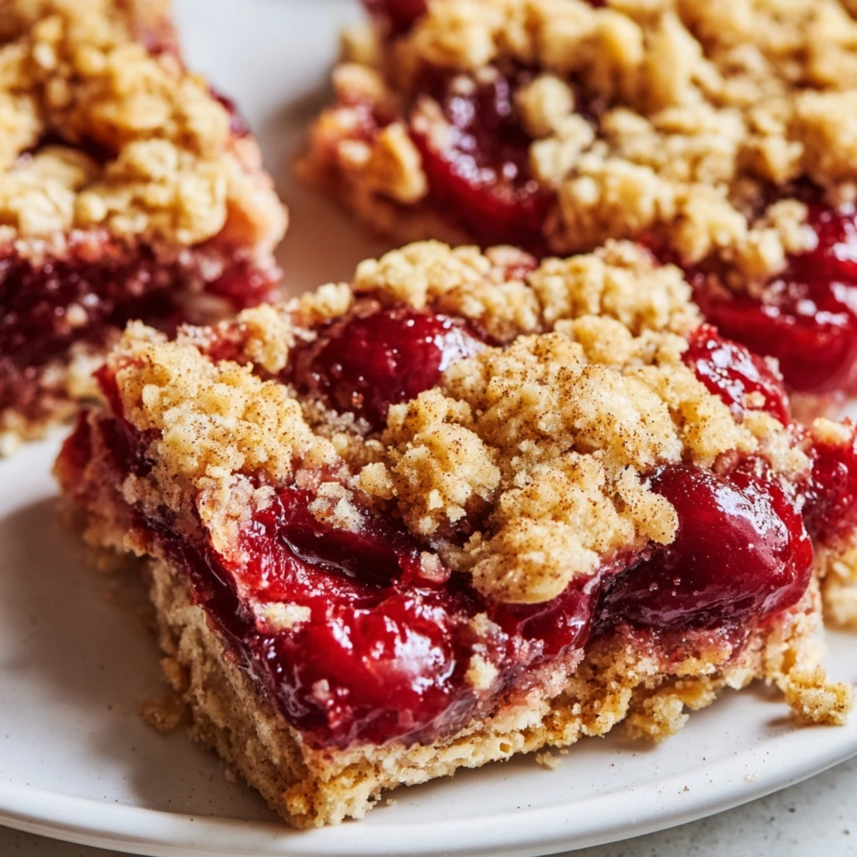 Golden brown Cherry Crumble Bars cooling on a wire rack with bubbling cherry filling and crumbly oat topping.
