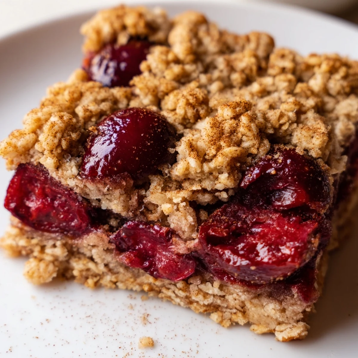 A close up of homemade Cherry Crumble Bars showing sweet red cherry filling and buttery crumble in a square pan.