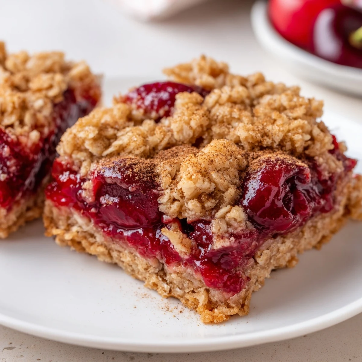 Serve these easy Cherry Crumble Bars on a dessert plate with a scoop of vanilla ice cream melting on top.