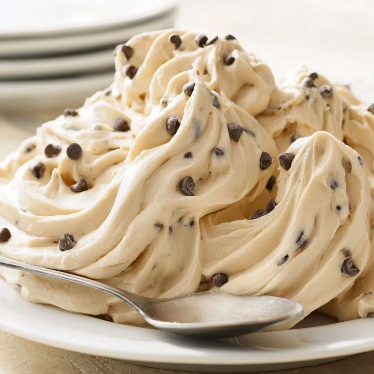 Fluffy buttercream frosting is swirled onto cupcakes, dotted with mini chocolate chips, reminiscent of chocolate chip cookie dough frosting.