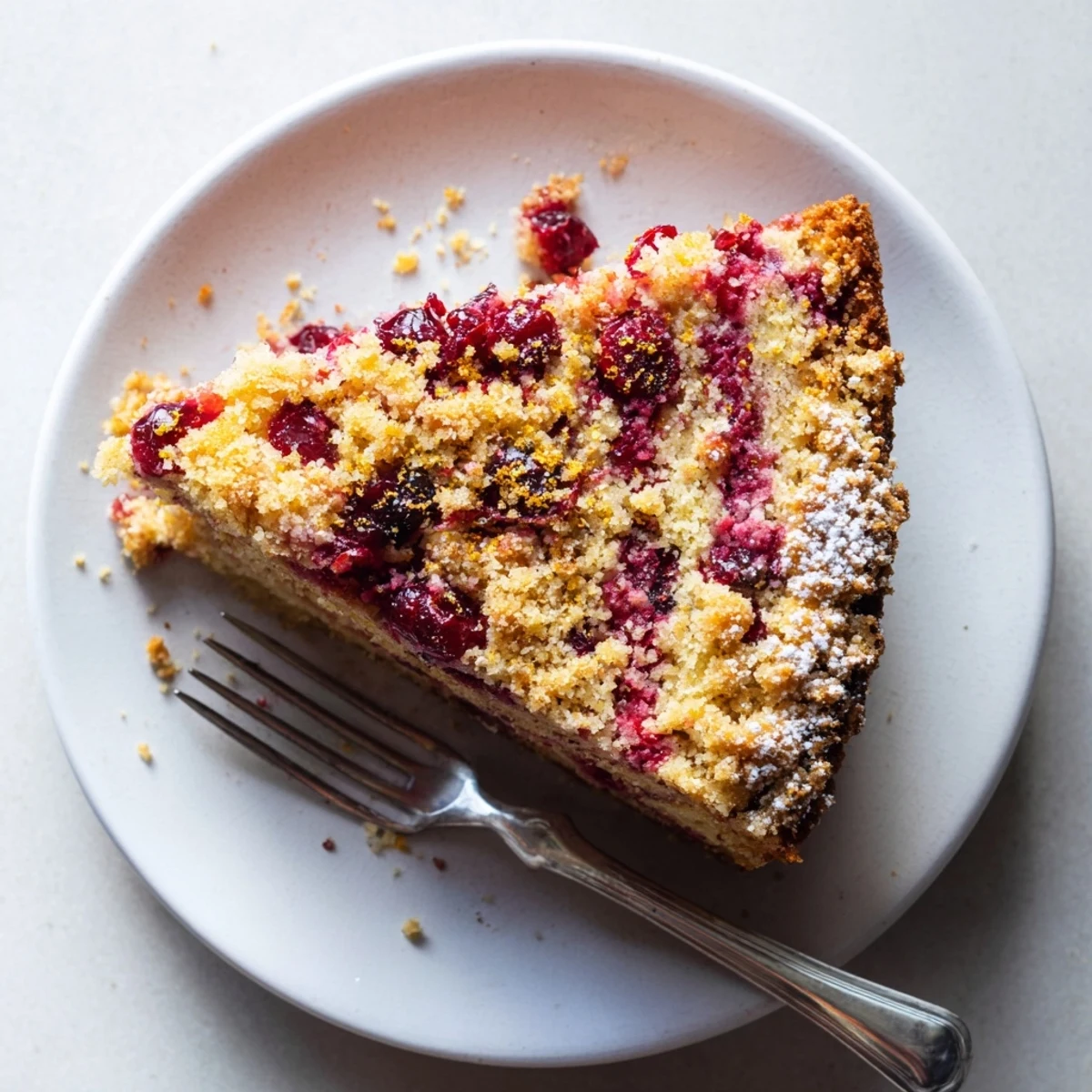 A slice of moist Cranberry Cake topped with sugary cranberries and a hint of orange zest on a white plate.