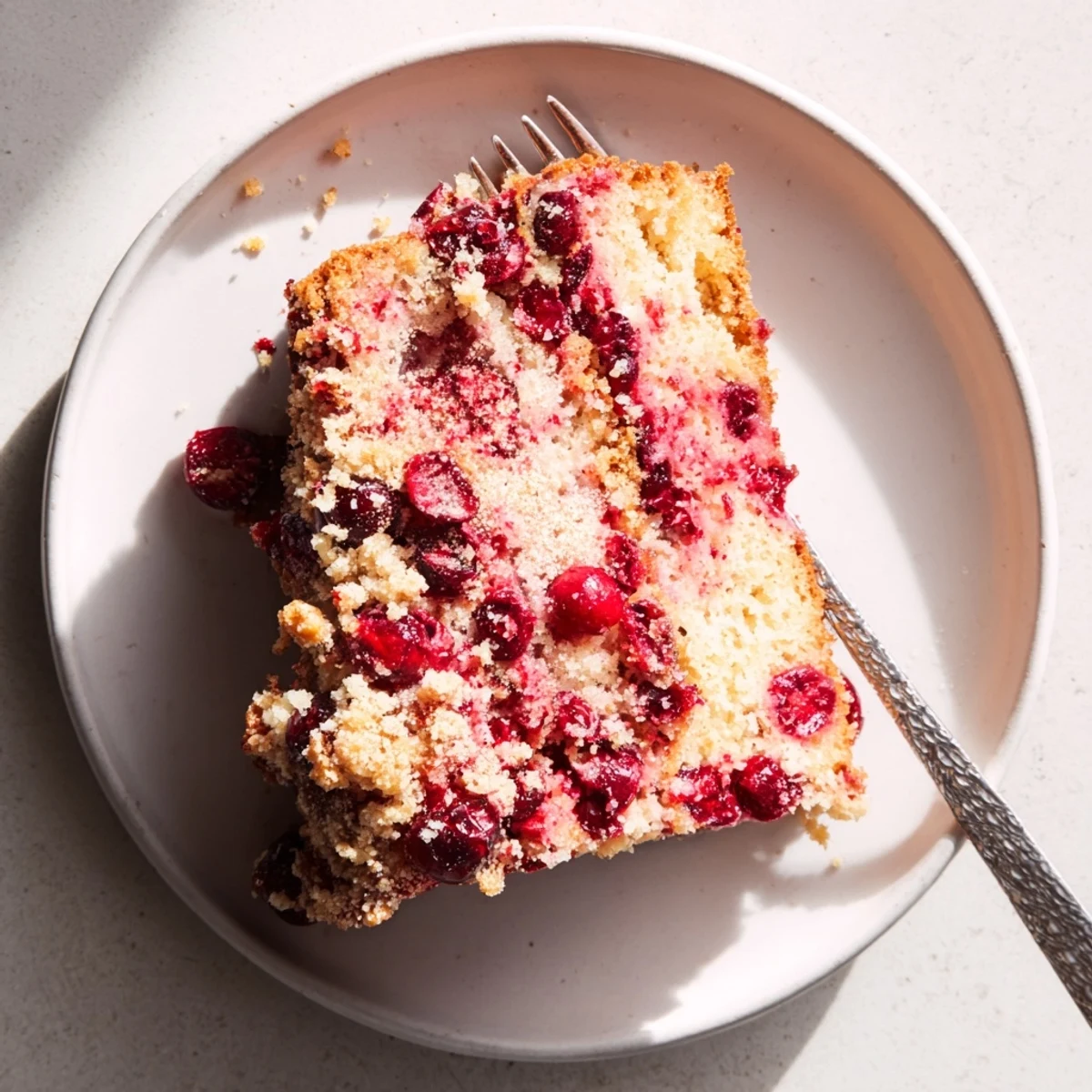 Freshly baked Cranberry Cake showing a golden crumb with tart berries on a rustic wooden serving board.