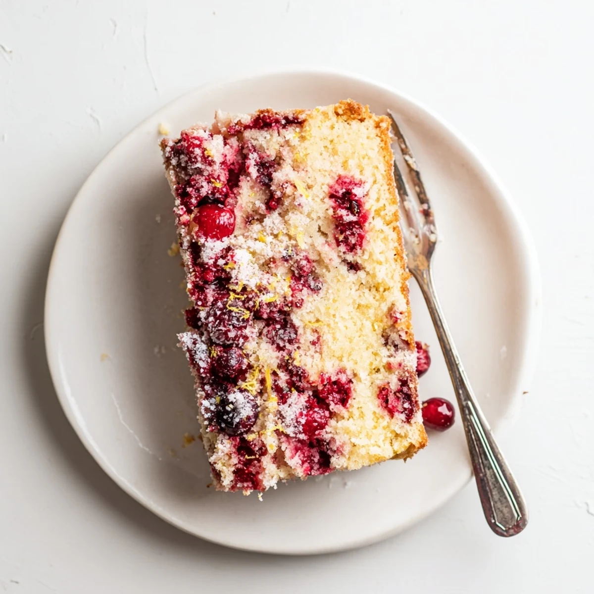 Warm Cranberry Cake with buttery crumb and cranberries served with a dollop of whipped cream on a marble counter.
