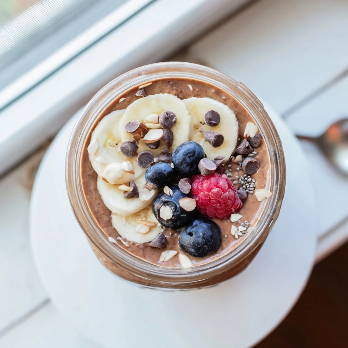 Creamy Ultimate Healthy Chocolate Overnight Oats topped with banana slices and nuts in a jar.