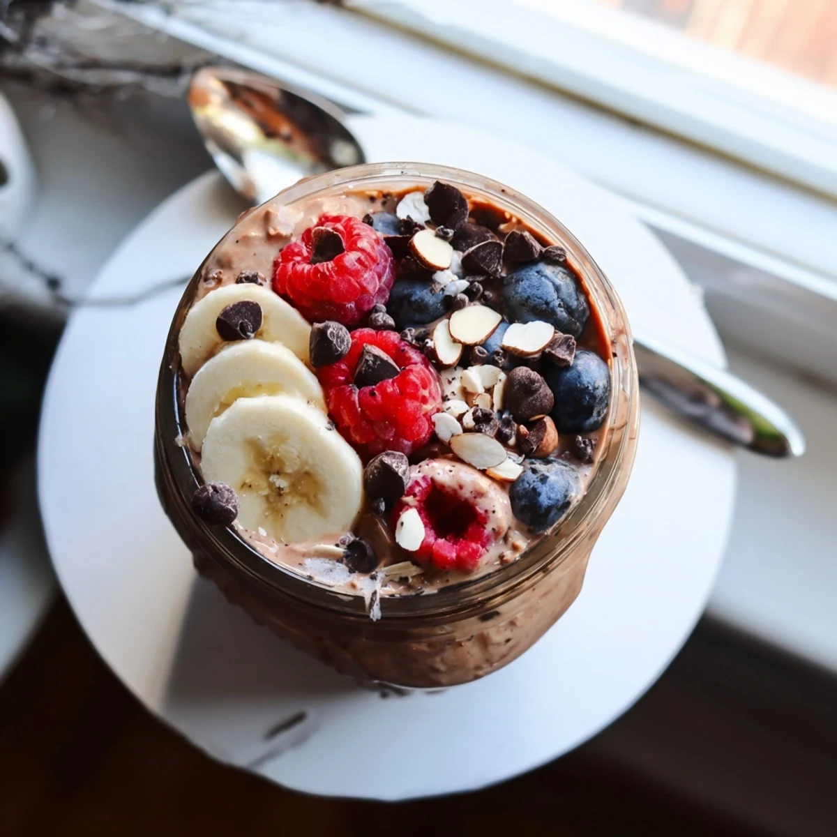 Ultimate Healthy Chocolate Overnight Oats served with fresh berries and a drizzle of maple syrup.