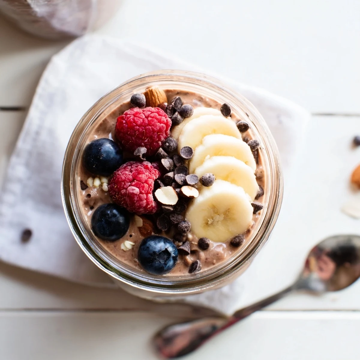 A spoon digging into Ultimate Healthy Chocolate Overnight Oats topped with mini dark chocolate chips.