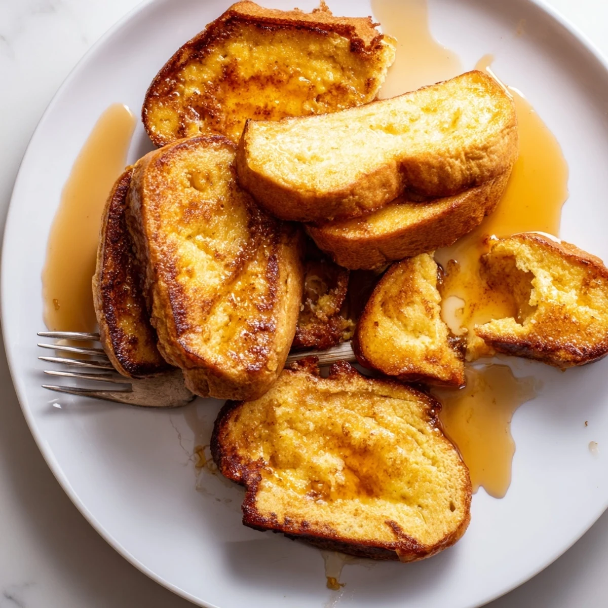 Golden slices of Crème Brûlée French Toast glistening with caramelized sugar on a white ceramic plate, fresh raspberries nearby.