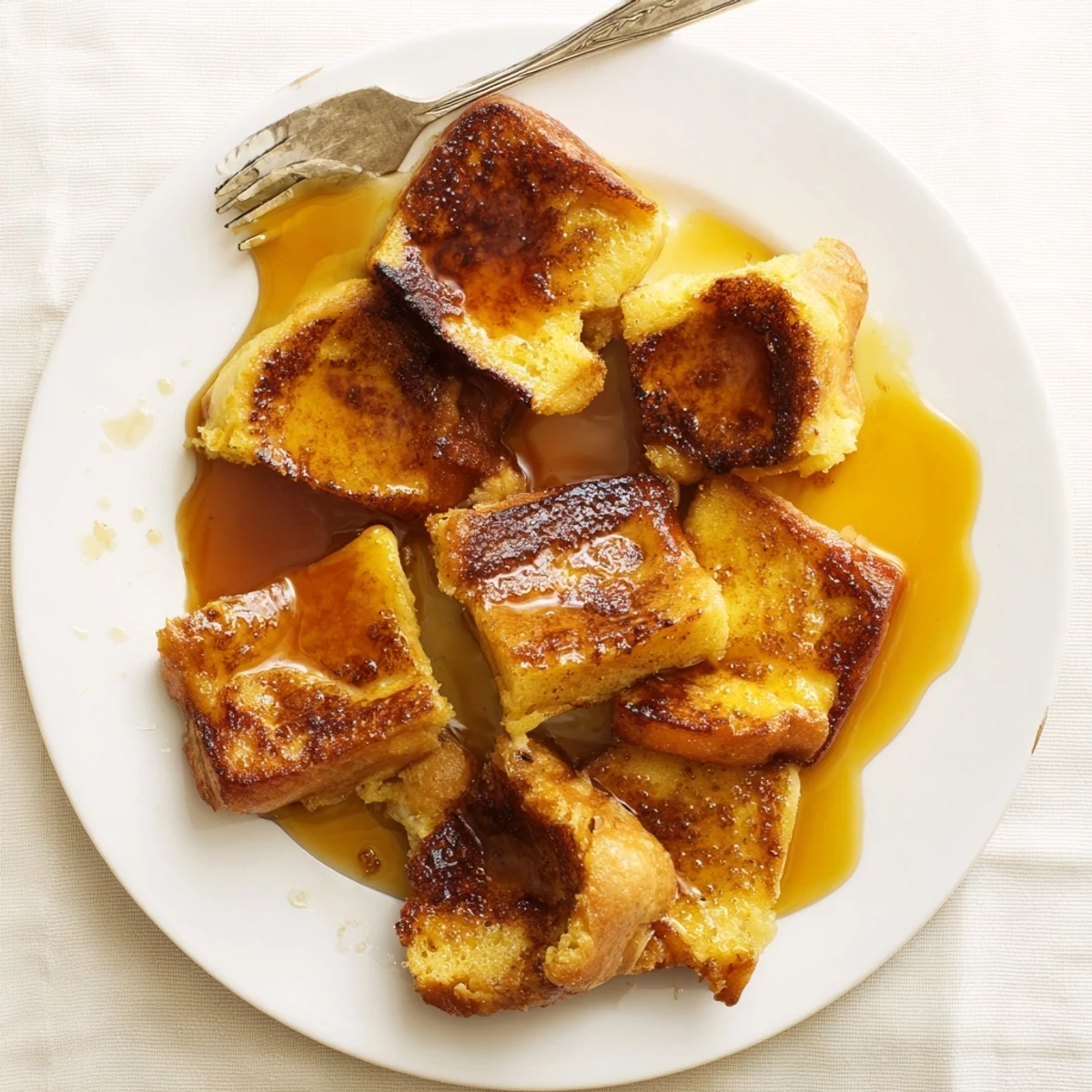 Warm Crème Brûlée French Toast served fresh from the oven with a crispy sugar crust and powdered sugar dusting.