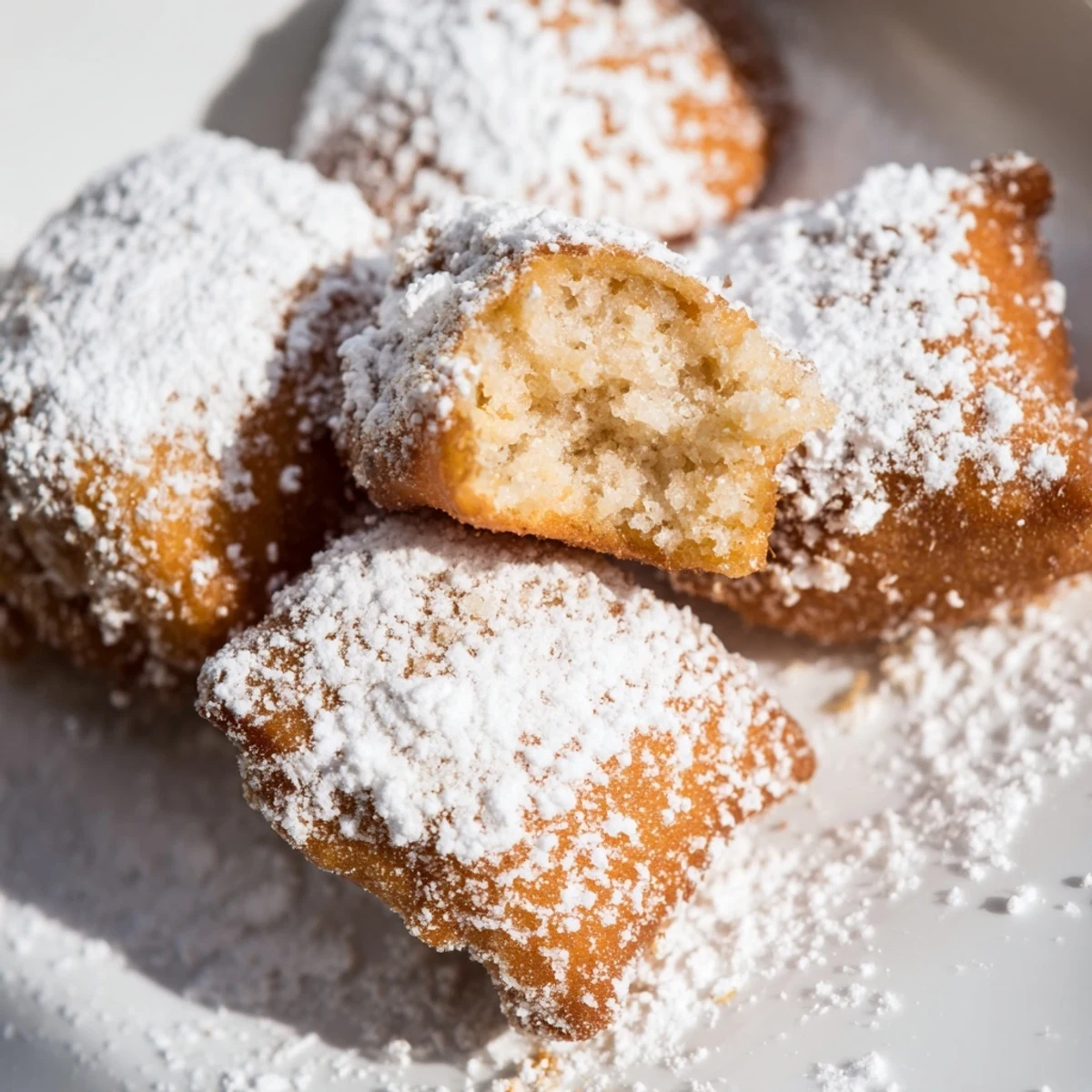 Golden-brown Vanilla French Beignets dusted with powdered sugar, ready to serve warm with coffee.