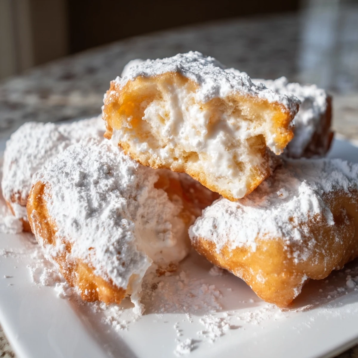 Freshly fried Vanilla French Beignets with a light, pillowy texture and sweet vanilla aroma.