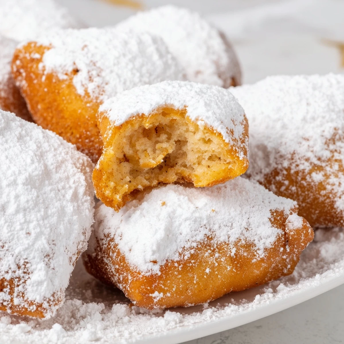 Stack of Vanilla French Beignets on a plate, perfect for breakfast or dessert, dusted with sugar.