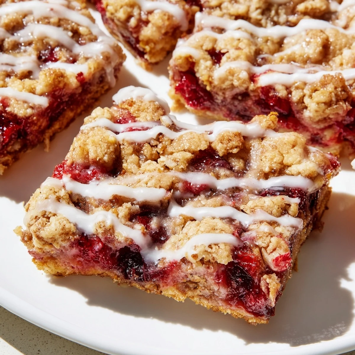 Glazed Easy Cherry Pie Bars showing golden crumb edges with glossy red cherry filling, served on a rustic wooden board.