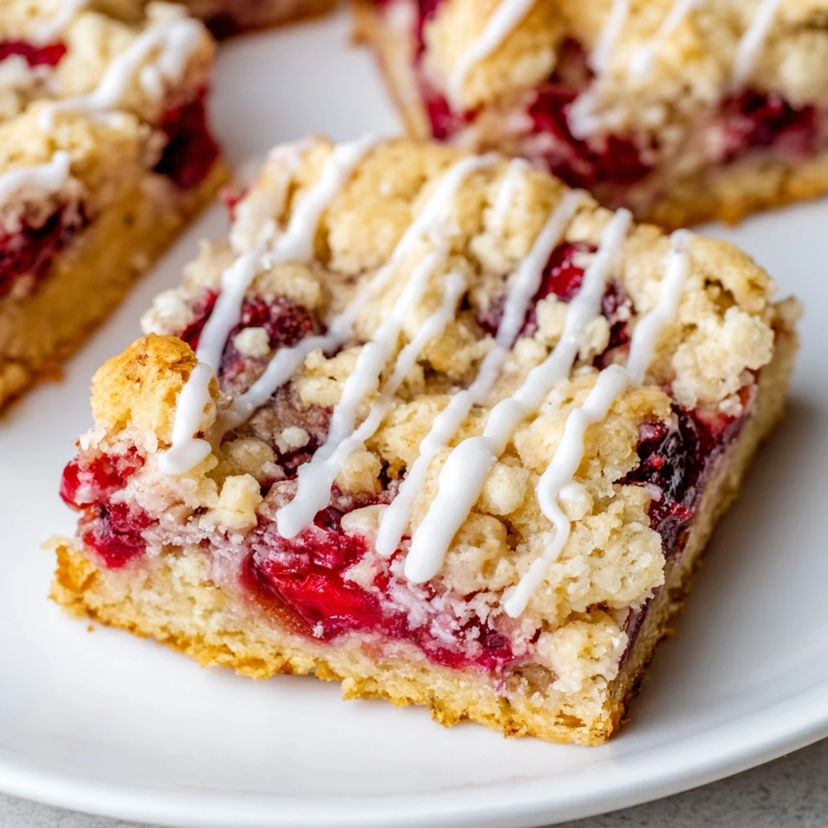 Close-up of Easy Cherry Pie Bars revealing moist crumb texture and vibrant cherry pockets, perfect with a glass of cold milk.