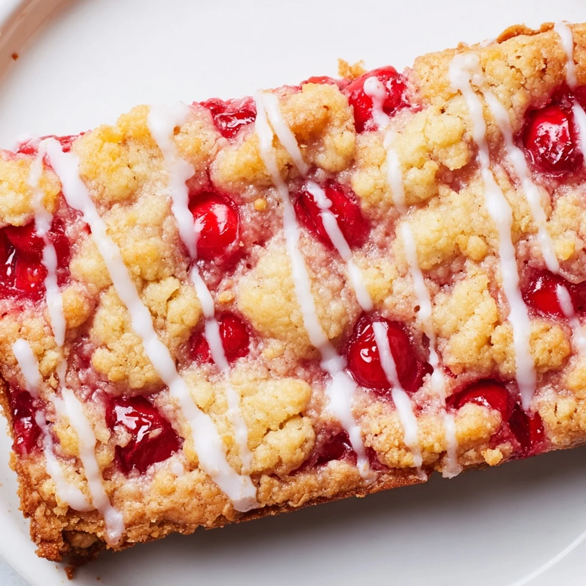 Stack of Easy Cherry Pie Bars drizzled with vanilla glaze, ideal dessert for potlucks, picnics, and cozy family gatherings.