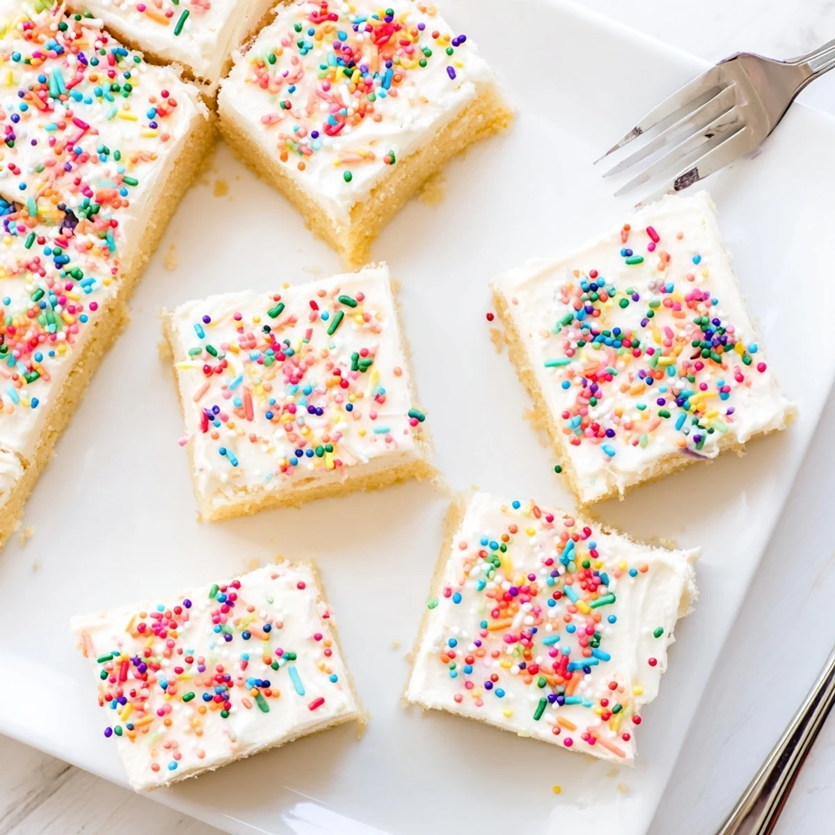 A close-up of soft, buttery Sugar Cookie Bars topped with creamy vanilla frosting and rainbow sprinkles.