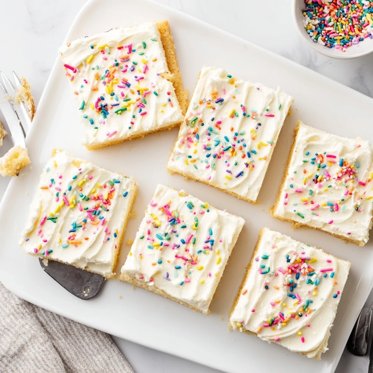 Freshly baked Sugar Cookie Bars served on a rustic wooden board with a glass of milk nearby.