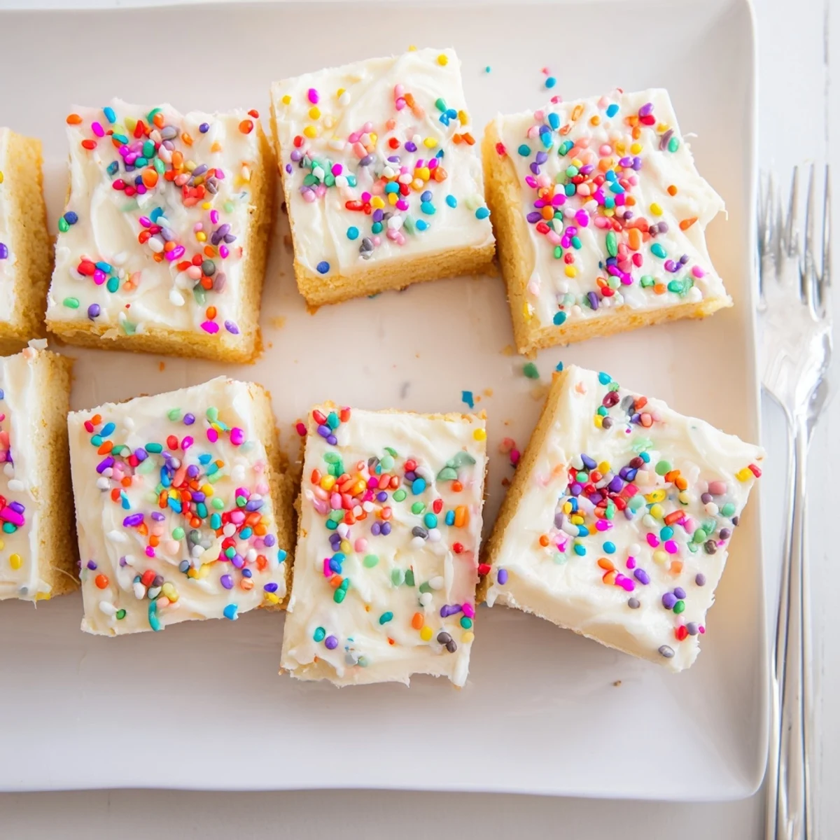 Easy homemade Sugar Cookie Bars cut into squares with pink frosting and colorful decorations for a party.