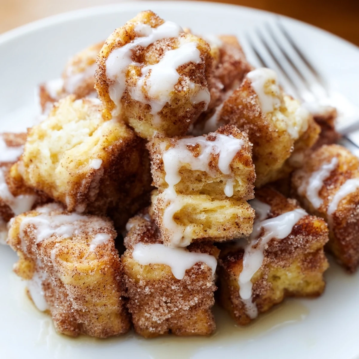 Warm Cinnamon Roll French Toast Bites drizzled with sweet glaze on a rustic plate.