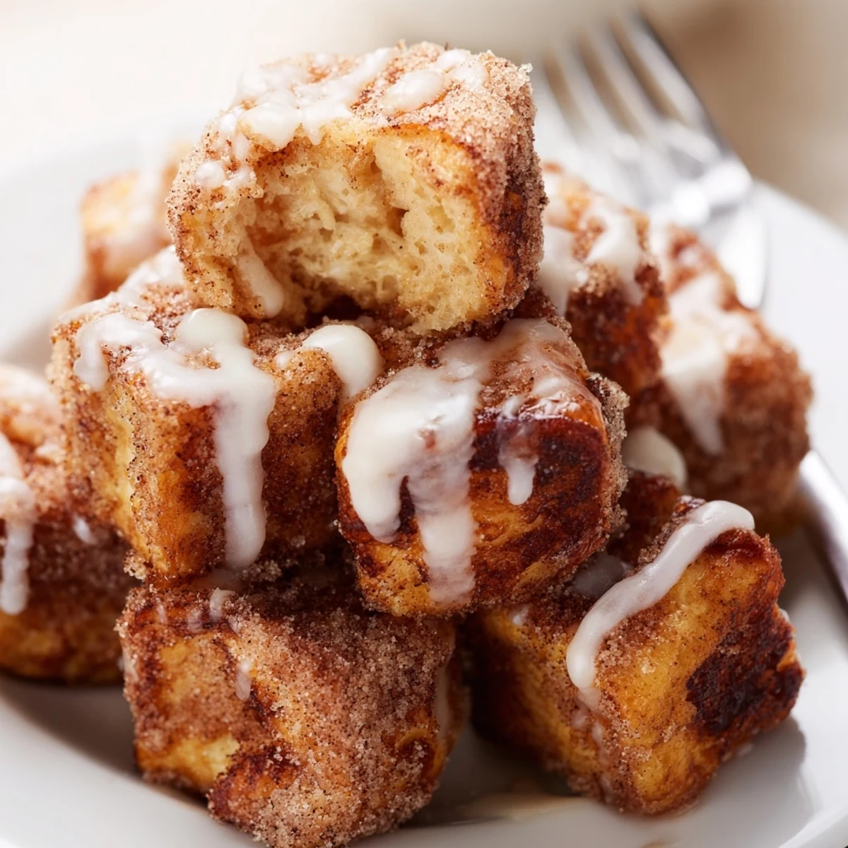 Golden brown Cinnamon Roll French Toast Bites served with maple syrup for dipping.