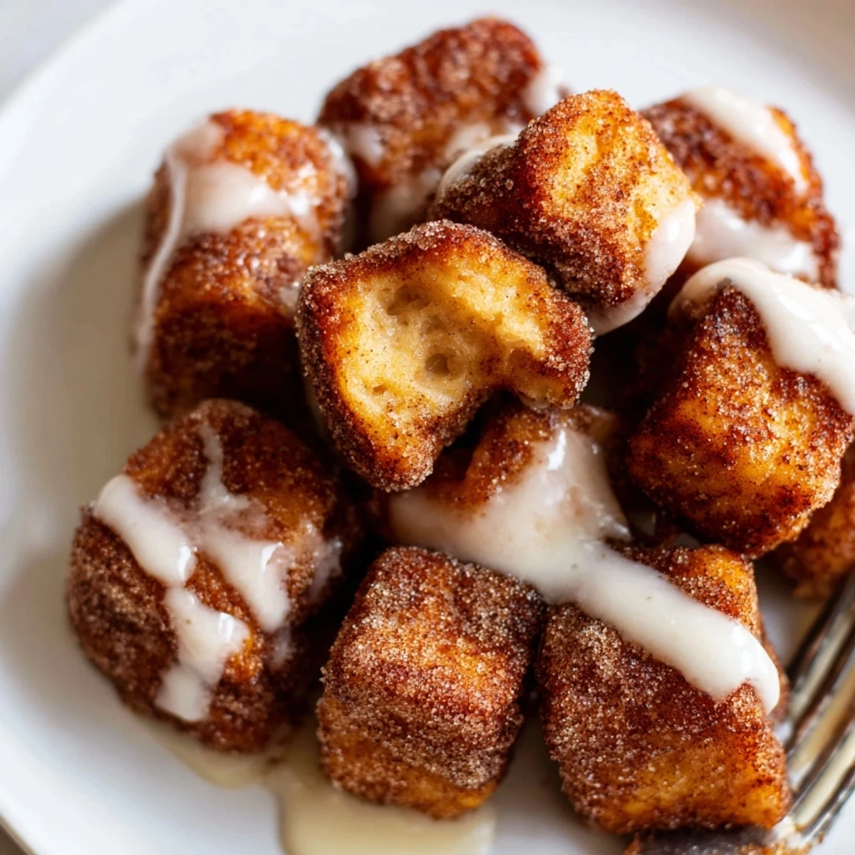 Freshly cooked Cinnamon Roll French Toast Bites with a dusting of cinnamon sugar.